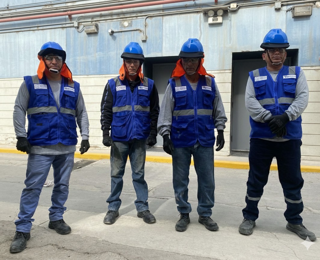 Equipo de Service Diux Network con equipos de protección en obra