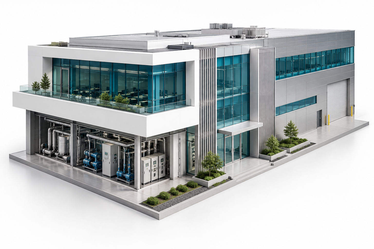 Visualización conceptual de un edificio comercial con arquitectura e instalaciones integradas